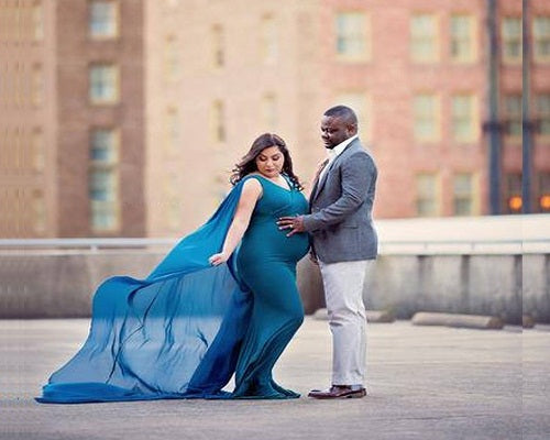 G222, Cyan Blue Maternity Veil Trail Baby Shower Gown, Size: All, Color: All