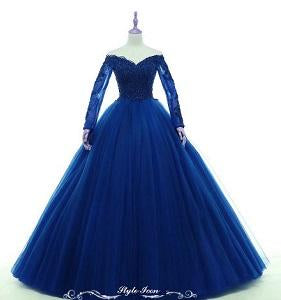 G145, Navy Blue Semi off shoulder Ball Gown, Size (XS-30 to XL-36)