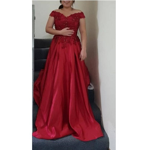 G130, Wine Satin Off Shoulder Trail Ball gown, Size: All, Color: All
