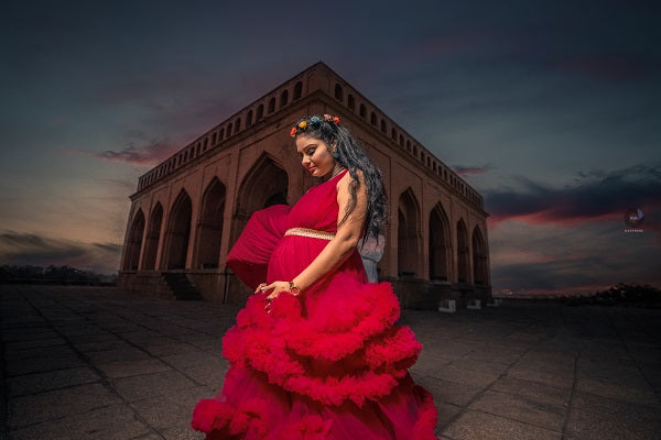 G6482, Dark Magenta Puffy Maternity Shoot Trail Gown Size: All, Color: All