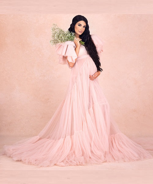 G652, Peach Ruffled Slit Cut Maternity Shoot Gown With Inner, Size: All, Color: All