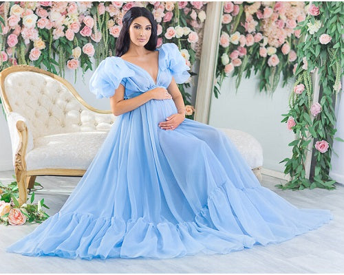 G952, Blue Ruffled Maternity Shoot Gown, Size: All, Color: All