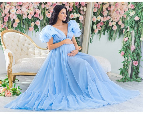 G952, Blue Ruffled Maternity Shoot Gown, Size: All, Color: All