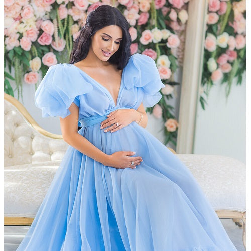 G952, Blue Ruffled Maternity Shoot Gown, Size: All, Color: All