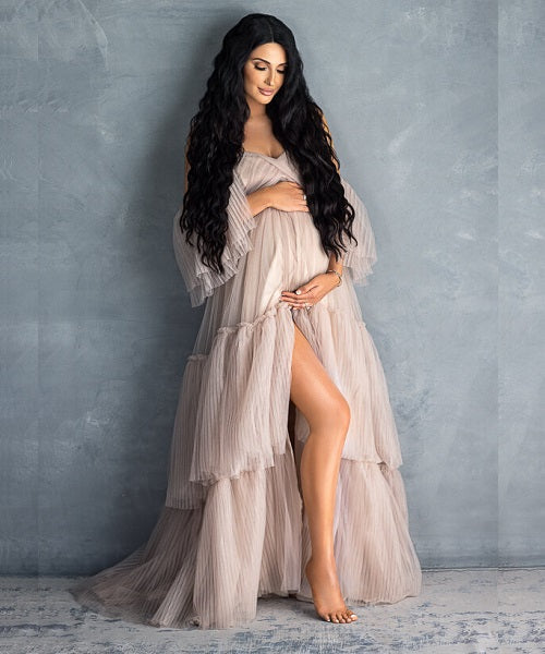 G752, Light Brown Ruffled Slit Cut Maternity Shoot Gown, Size: All, Color: All