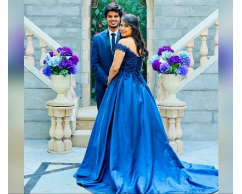 G132, Navy Blue Satin Off Shoulder Trail Ball gown Size: All, Color: All