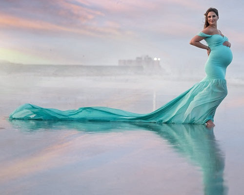 G49,Light Green Maternity Shoot Baby Shower Trail Lycra Fit Gown, Size: All,Color: All