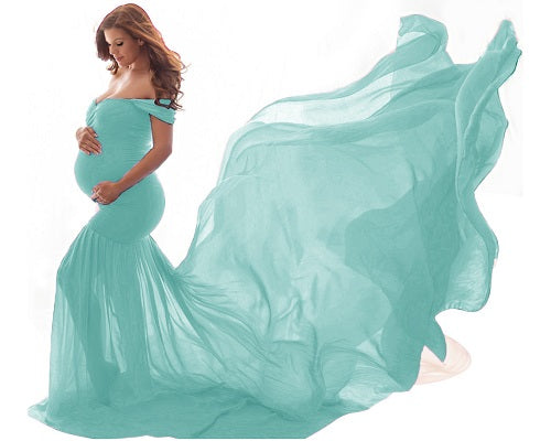 G49,Light Green Maternity Shoot Baby Shower Trail Lycra Fit Gown, Size: All,Color: All