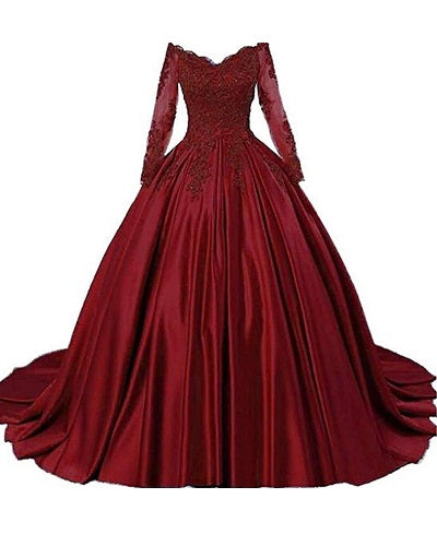 G229, Wine Satin Semi Off Shoulder Full Sleeves Prewedding Shoot Trail Ball Gown, Size: All, Color: All
