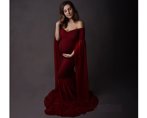 G181, Wine Maternity Shoot Long Sleeves Trail Baby Shower Gown, Size: All, Color: All