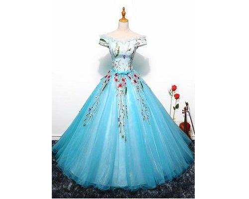 G150, Sky Blue Floral Ball Gown, Size (XS-30 to L-36)