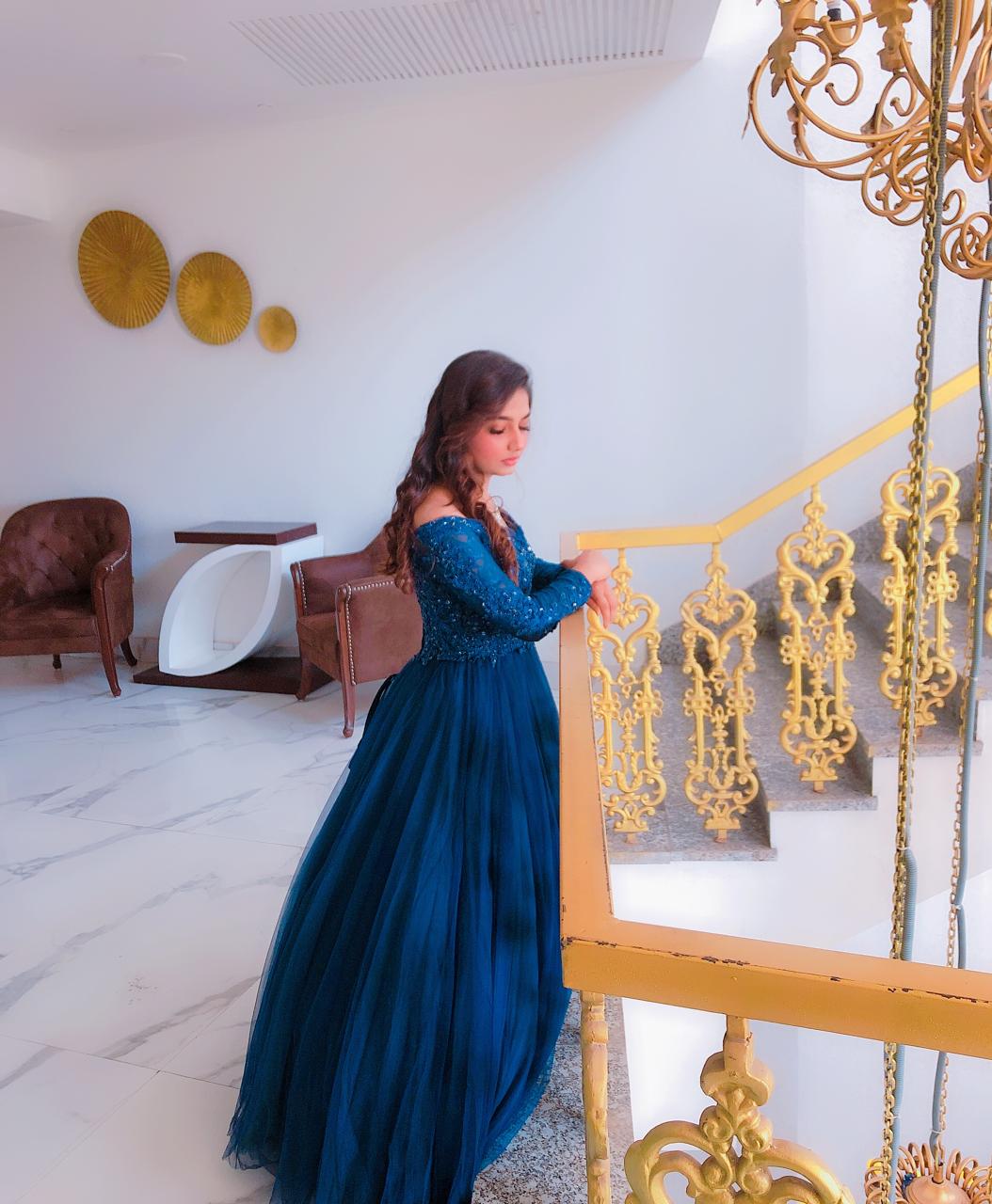 G145, Navy Blue Semi off shoulder Ball Gown, Size (XS-30 to XL-36)