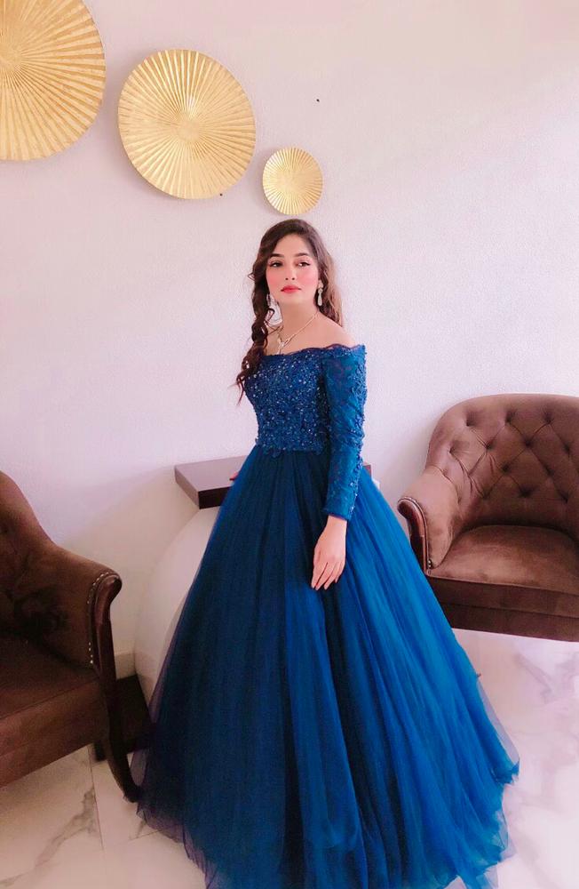 G145, Navy Blue Semi off shoulder Ball Gown, Size (XS-30 to XL-36)