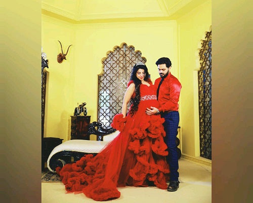 G148, Wine Puffy Maternity Shoot Baby Shower Trail Gown Size: All, Color: All