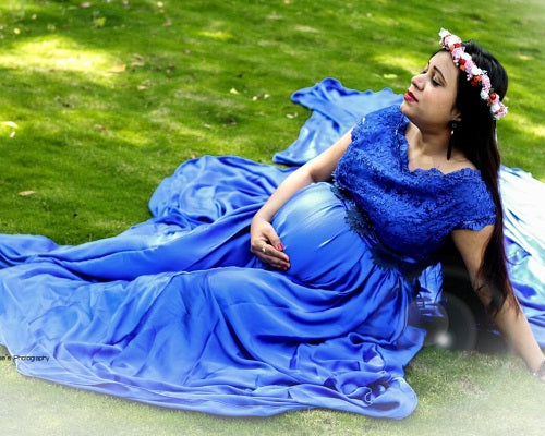 G400, Royal Blue Satin Long Trail Maternity Shoot Gown, Size: All, Color: All