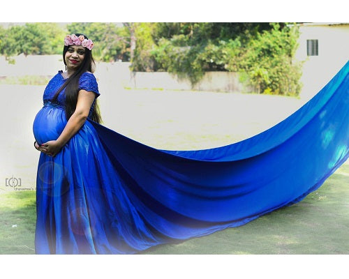 G400, Royal Blue Satin Long Trail Maternity Shoot Gown, Size: All, Color: All