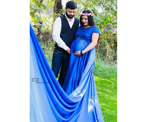 G400, Royal Blue Satin Long Trail Maternity Shoot Gown, Size: All, Color: All