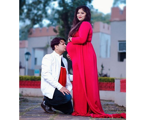 G44 ,Wine Maternity shoot Baby Shower Lycra Body Fit Gown, Size: All, Color: All