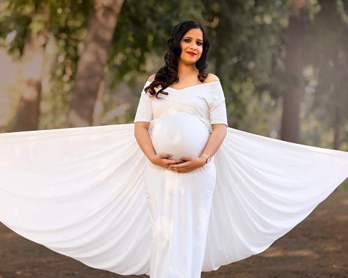 G152, White Maternity Shoot Trail Baby Shower Lycra Body Fit Gown, Size: All, Color: All