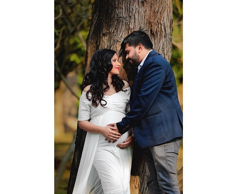 G152, White Maternity Shoot Trail Baby Shower Lycra Body Fit Gown, Size: All, Color: All