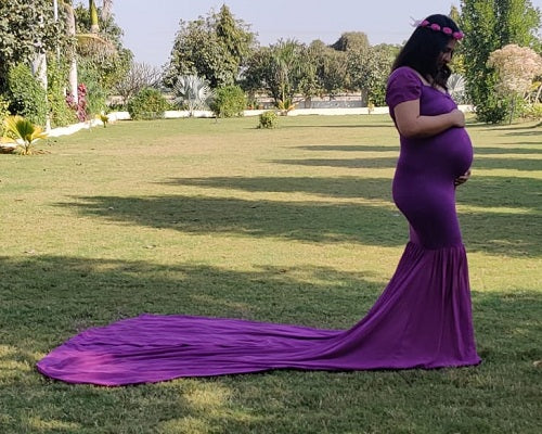 G218,Purple Maternity Shoot Trail Baby Shower Lycra Fit Gown, Size: All, Color: All