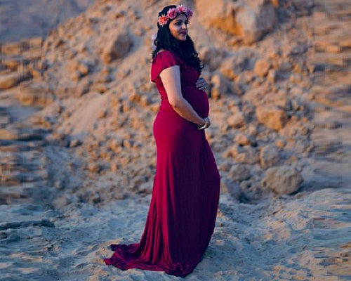 G42, Long Off Shoulder Wine Maternity shoot Baby Shower Lycra Body Fit Gown, Size: All, Color: All