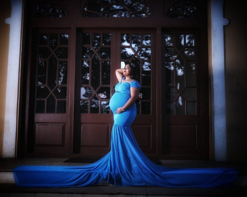 G46,Blue Maternity Shoot Trail Baby Shower Lycra Body Fit Gown, Size: All,Color: All