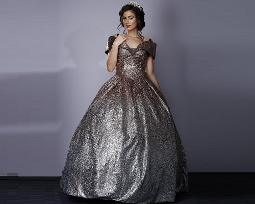 G136, Luxury Gold And Silver Princess Evening Ball Gown, Size (XS-30 to L-38)