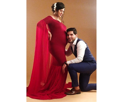 G181, Wine Maternity Shoot Long Sleeves Trail Baby Shower Gown, Size: All, Color: All