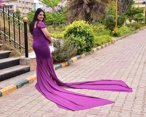 G218,Purple Maternity Shoot Trail Baby Shower Lycra Fit Gown, Size: All, Color: All