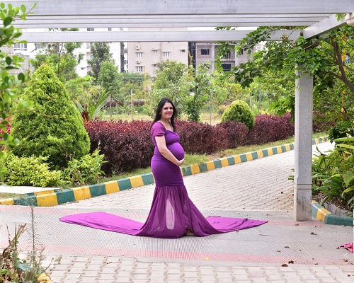 G218,Purple Maternity Shoot Trail Baby Shower Lycra Fit Gown, Size: All, Color: All