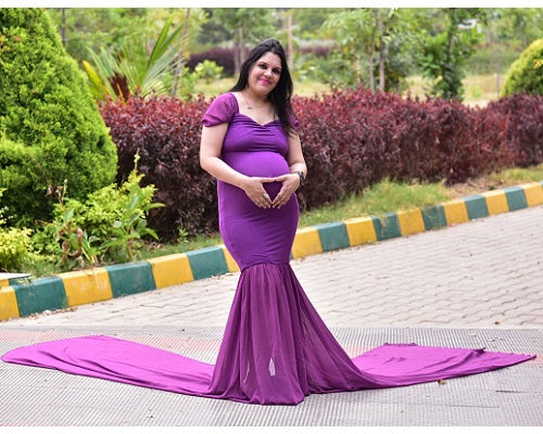 G218,Purple Maternity Shoot Trail Baby Shower Lycra Fit Gown, Size: All, Color: All