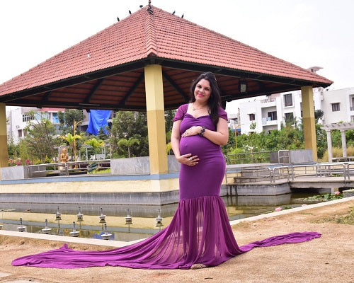 G218,Purple Maternity Shoot Trail Baby Shower Lycra Fit Gown, Size: All, Color: All