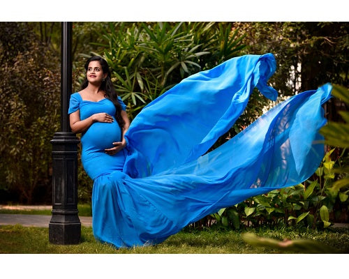 G46,Blue Maternity Shoot Trail Baby Shower Lycra Body Fit Gown, Size: All,Color: All