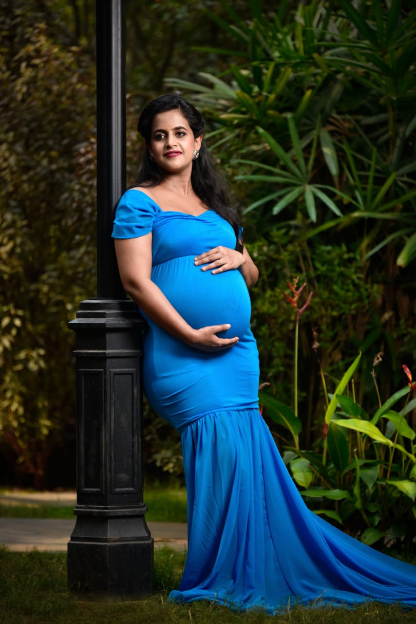 G46,Blue Maternity Shoot Trail Baby Shower Lycra Fit Gown, Size: All,Color: All