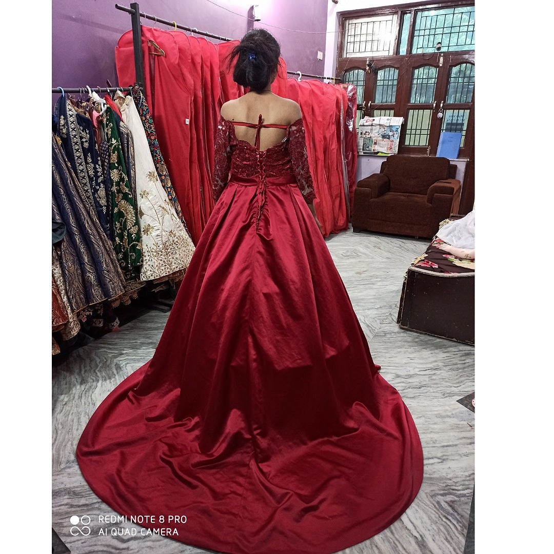 G133, Wine colour Satin Full Sleeves Trail Ball gown, Size: All, Color: All