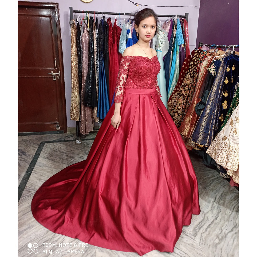 G133, Wine colour Satin Full Sleeves Trail Ball gown, Size: All, Color: All