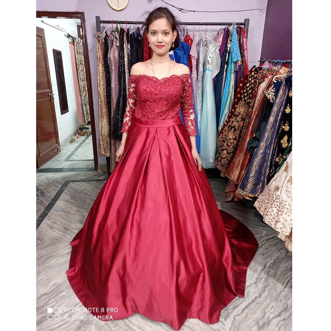 G133, Wine colour Satin Full Sleeves Trail Ball gown, Size: All, Color: All