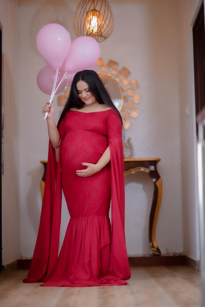 G223, Wine Red Floor Tuch Sleeves Maternity Shoot Trail Baby Shower Lycra Fit Gown, Size: All, Color: All