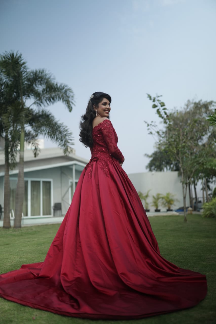 G229, Wine Satin Semi Off Shoulder Full Sleeves Prewedding Shoot Trail Ball Gown, Size: All, Color: All