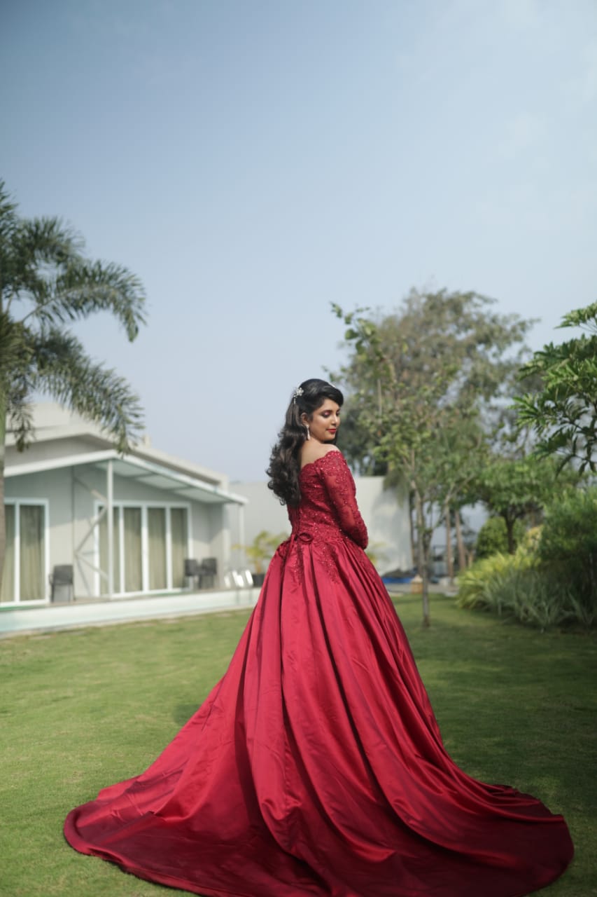 G229, Wine Satin Semi Off Shoulder Full Sleeves Prewedding Shoot Trail Ball Gown, Size: All, Color: All