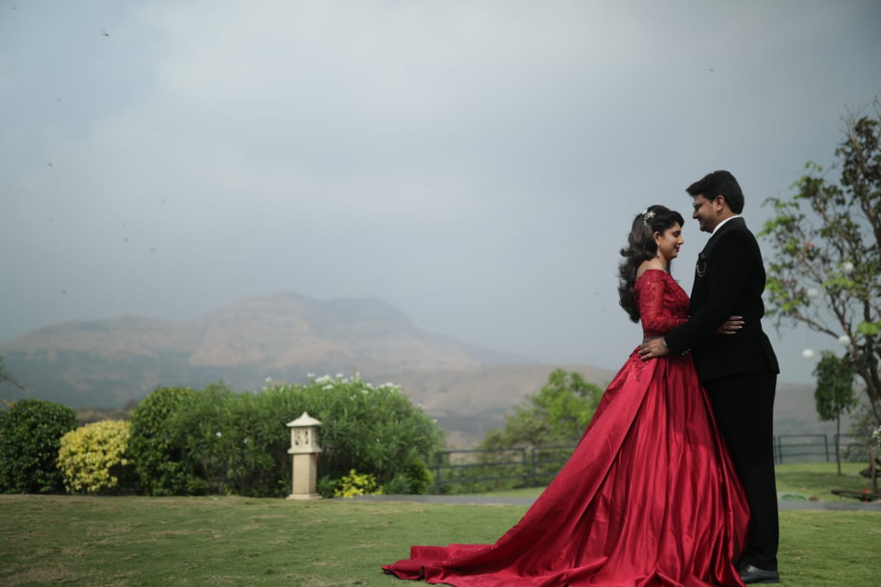 G229, Wine Satin Semi Off Shoulder Full Sleeves Prewedding Shoot Trail Ball Gown, Size: All, Color: All