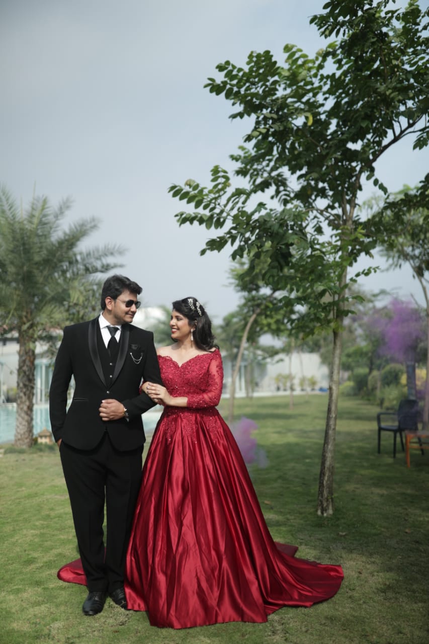 G229, Wine Satin Semi Off Shoulder Full Sleeves Prewedding Shoot Trail Ball Gown, Size: All, Color: All