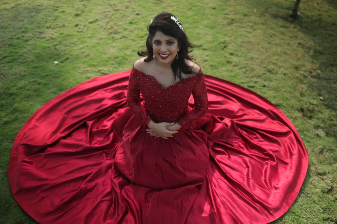 G229, Wine Satin Semi Off Shoulder Full Sleeves Prewedding Shoot Trail Ball Gown, Size: All, Color: All