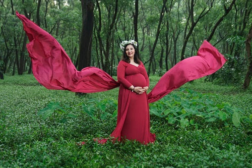 G44 ,Wine Maternity shoot Baby Shower Lycra Body Fit Gown, Size: All, Color: All