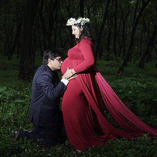 G44 ,Wine Maternity shoot Baby Shower Lycra Body Fit Gown, Size: All, Color: All