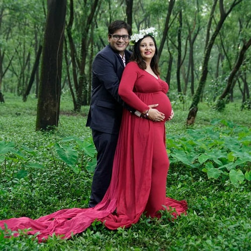 G44 ,Wine Maternity shoot Baby Shower Lycra Body Fit Gown, Size: All, Color: All