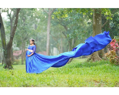G400, Royal Blue Satin Long Trail Maternity Shoot Gown, Size: All, Color: All