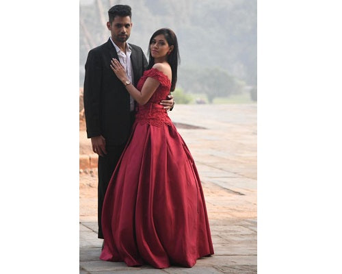 G801, Wine Satin Off Shoulder Lace Trail Ball Gown, Size (XS-30 to XL-40)