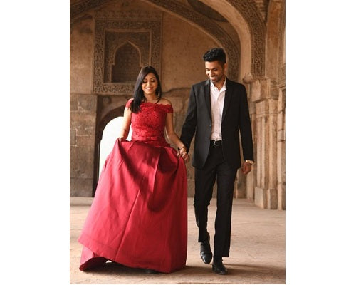 G801, Wine Satin Off Shoulder Lace Trail Ball Gown, Size (XS-30 to XL-40)